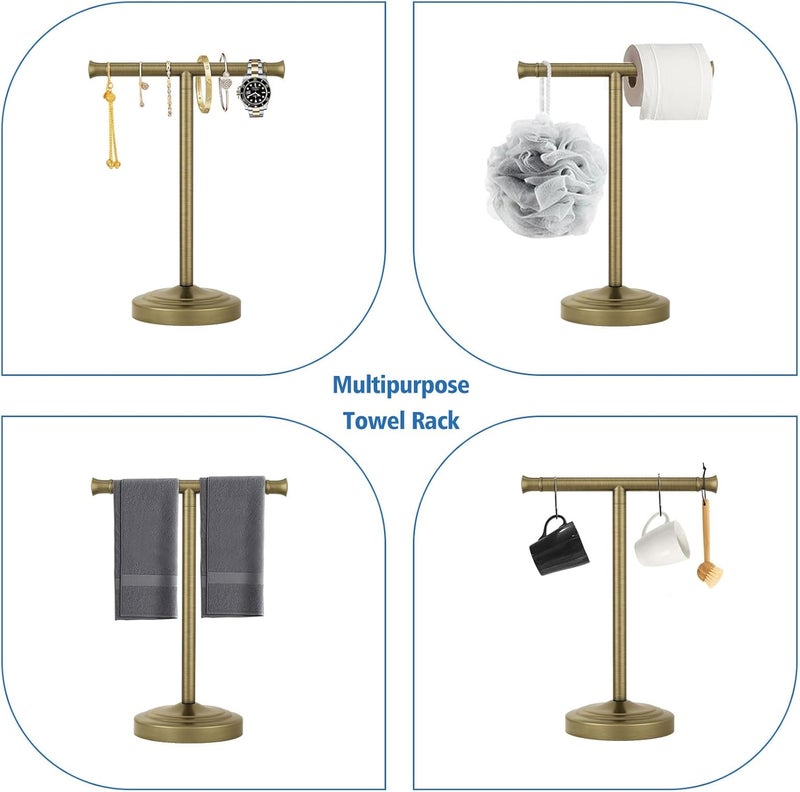 RUMOSE 13 Inch Antique Brass Towel Bar Stand Hand Holder Bathroom Kitchen Vanity Countertop T-Shape Towel Rack Free Standing Stainless Steel - Image 3